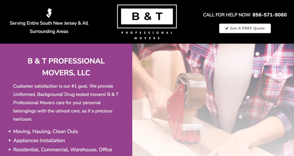 B & T Professional Movers Homepage Screenshot