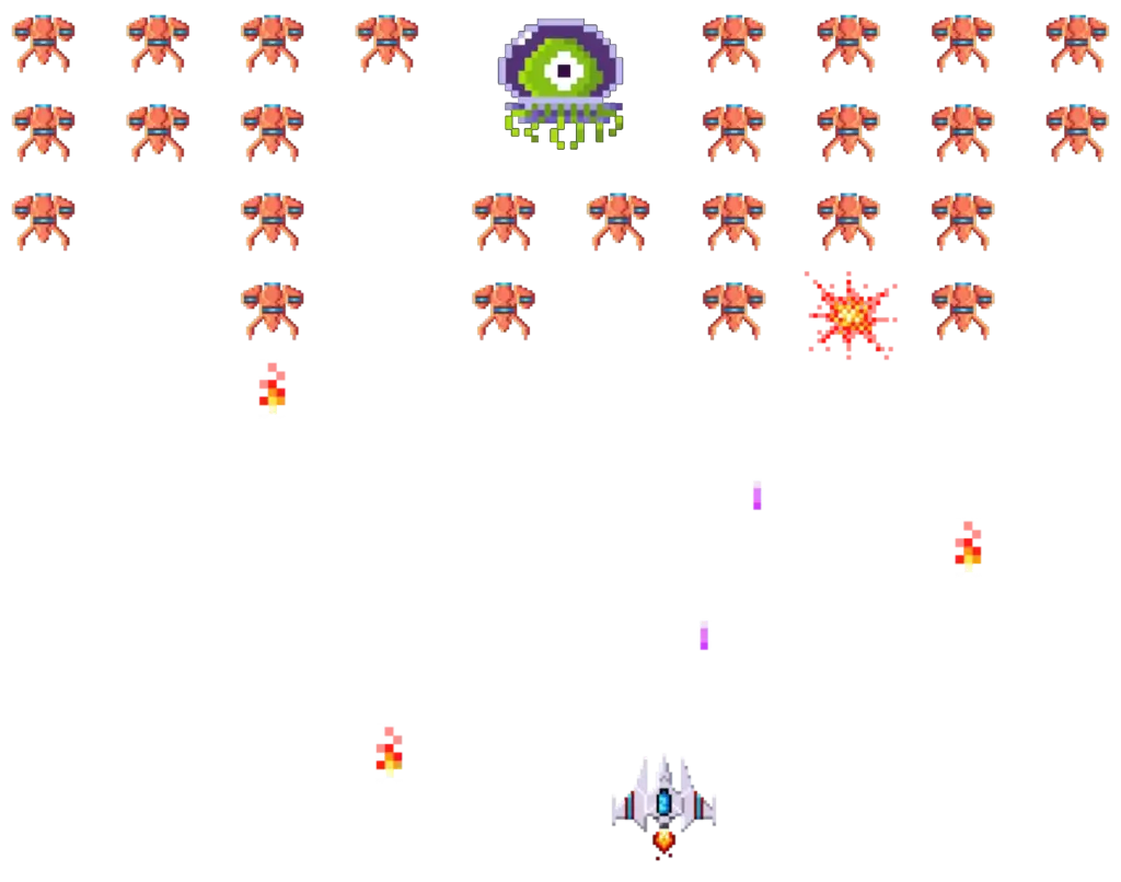 Retro pixel art space game with orange alien invaders, green UFO, player spaceship, and projectiles.