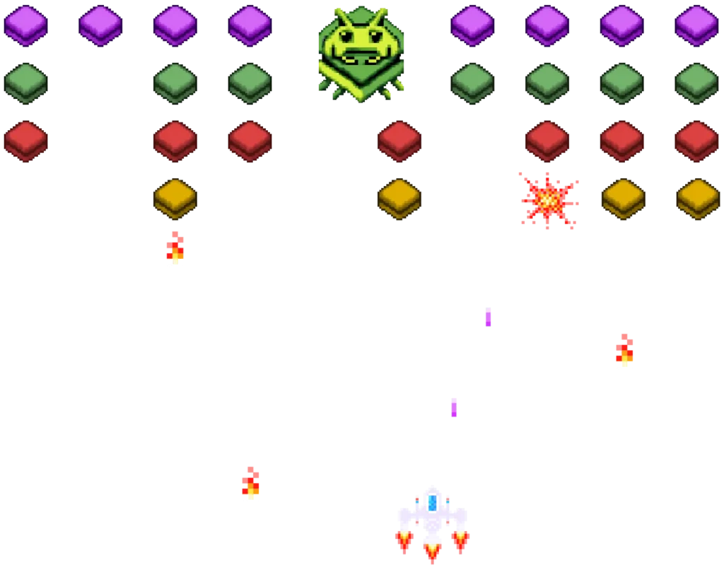 Retro Space Invaders style mockup with pixelated alien invaders based on the Stack Media Design icon descending in rows, some already destroyed and one mid-explosion, an alien mothership with tentacles and a face also styled after the SMD icon, and a space fighter jet at the bottom firing up while the aliens fire fireballs down
