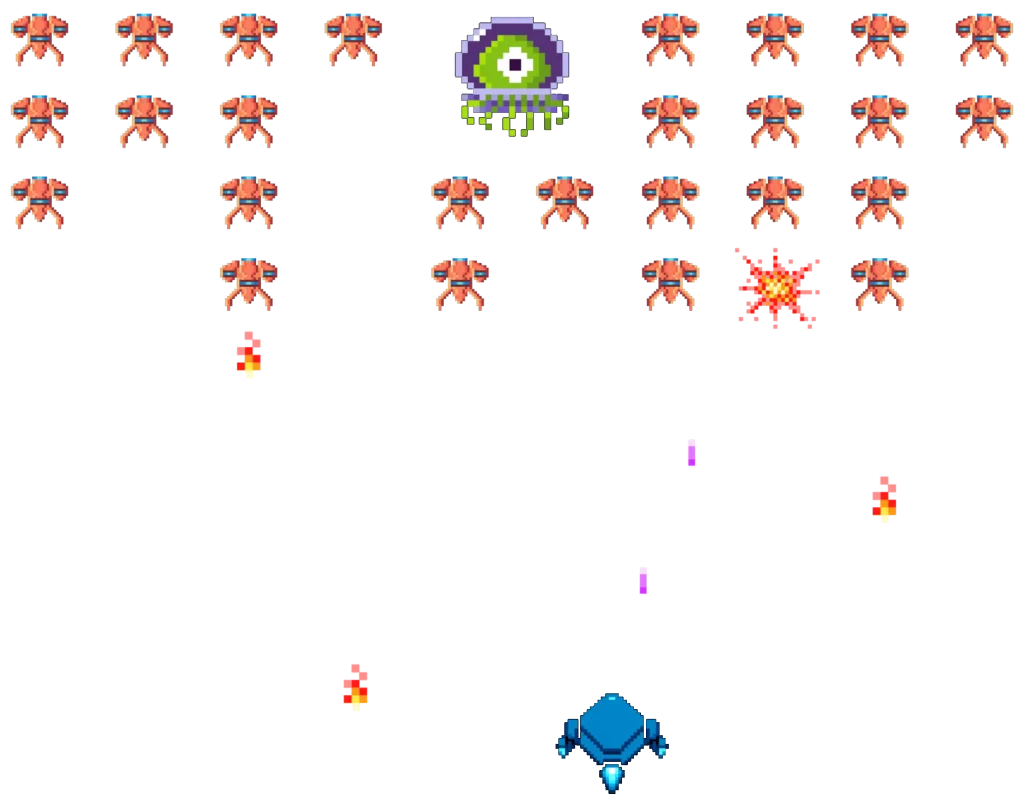 Retro pixelated space invaders game, orange enemy robots, green alien mothership, blue Stack Media Design spacecraft.