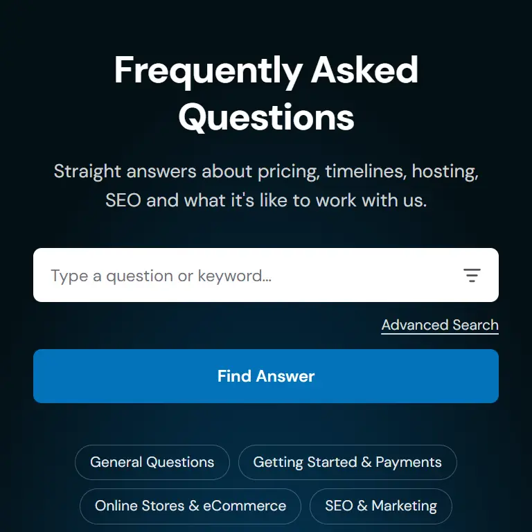 Stack Media mobile FAQ webpage search interface with question input field, Find Answer button, and category filter tags.
