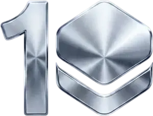 Silver chrome number 1 and layered hexagon icon celebrating 10 years of Stack Media design.