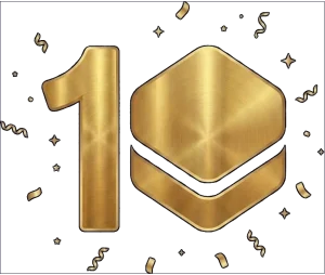 Gold 3D "10" with the zero styled after the Stack Media Design icon, confetti, celebrating the company's 10-year anniversary.