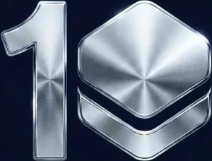 Chrome 3D "10" with the zero styled after the Stack Media Design icon, celebrating the company's 10-year anniversary.