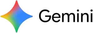 Gemini AI logo featuring a colorful four-pointed star gradient icon with black sans-serif wordmark.
