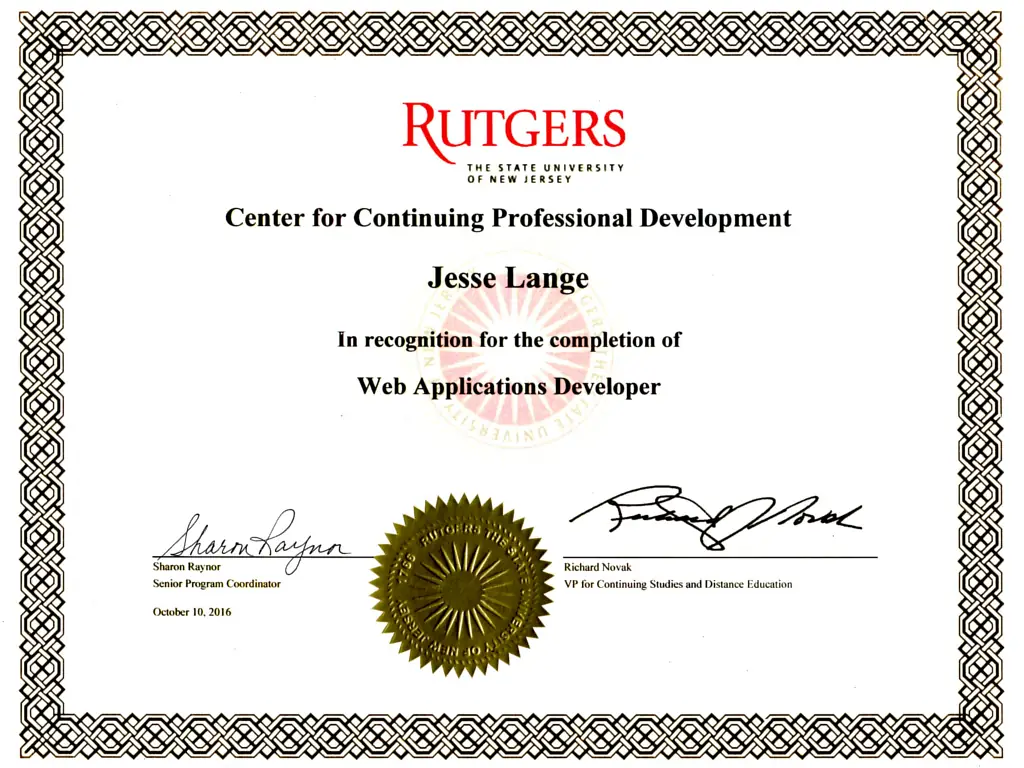 Rutgers University certificate awarded to Jesse Lange for completing the Web Applications Developer program