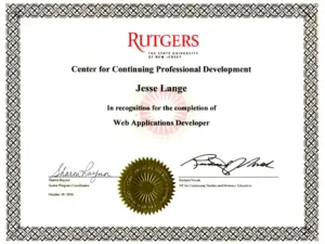 Rutgers University certificate awarded to Jesse Lange for completing the Web Applications Developer program
