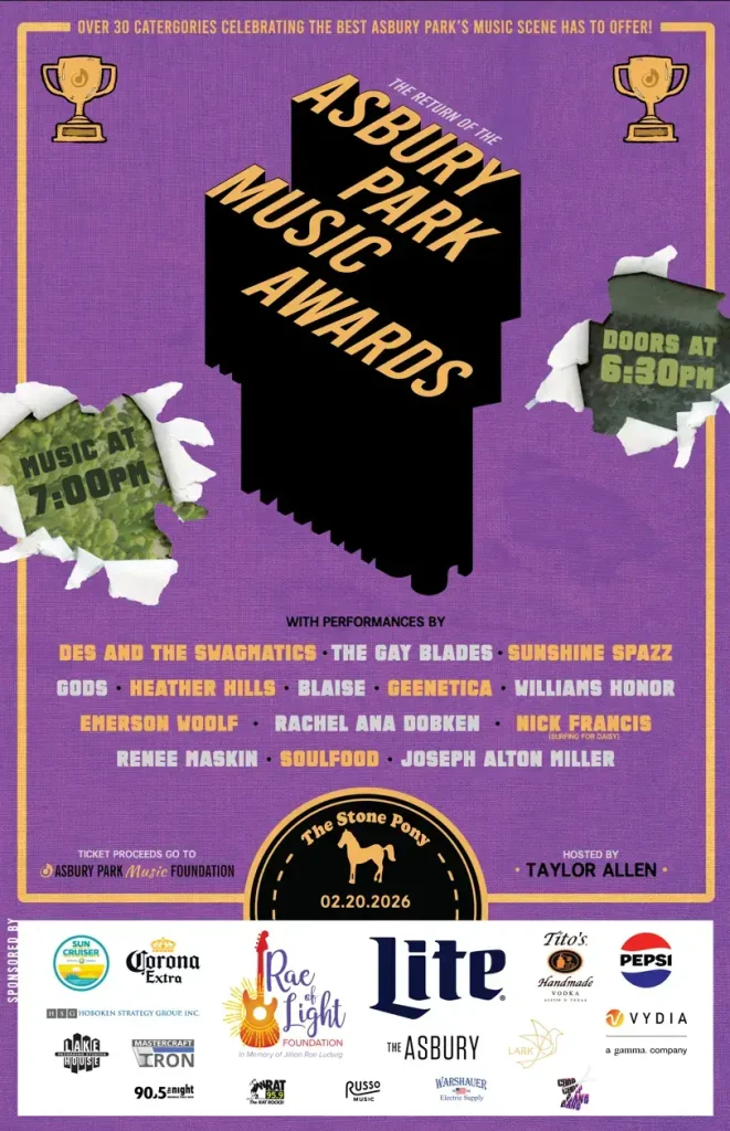 Asbury Park Music Awards 2026 flyer featuring 30+ music categories, performer names, and event details on purple background.