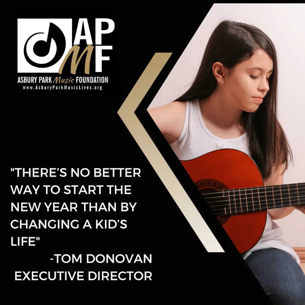Asbury Park Music Foundation banner with logo, youth guitarist, and inspirational quote by Executive Director Tom Donovan.