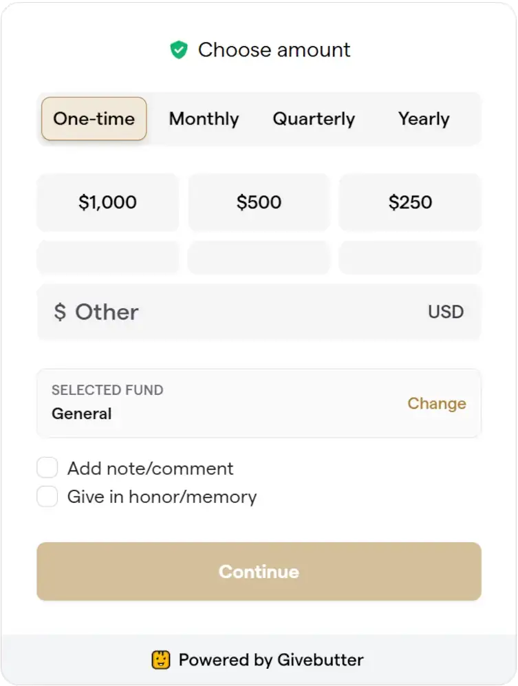 Givebutter donation form for Asbury Park Music Foundation with amount selection tabs, preset donation options, custom amount field, fund selection, and continue button.