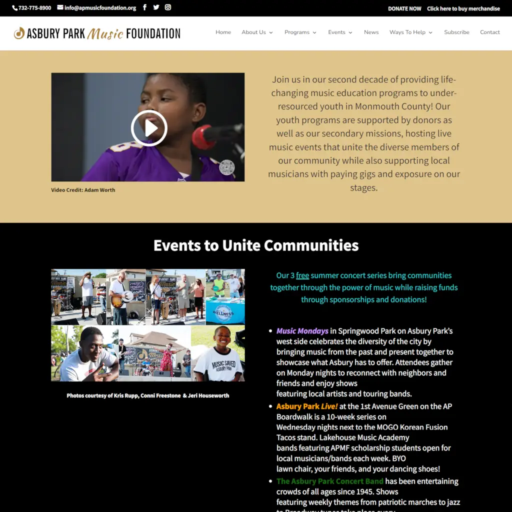Asbury Park Music Foundation website homepage featuring navigation menu, donation button, youth music education video, and community events section.