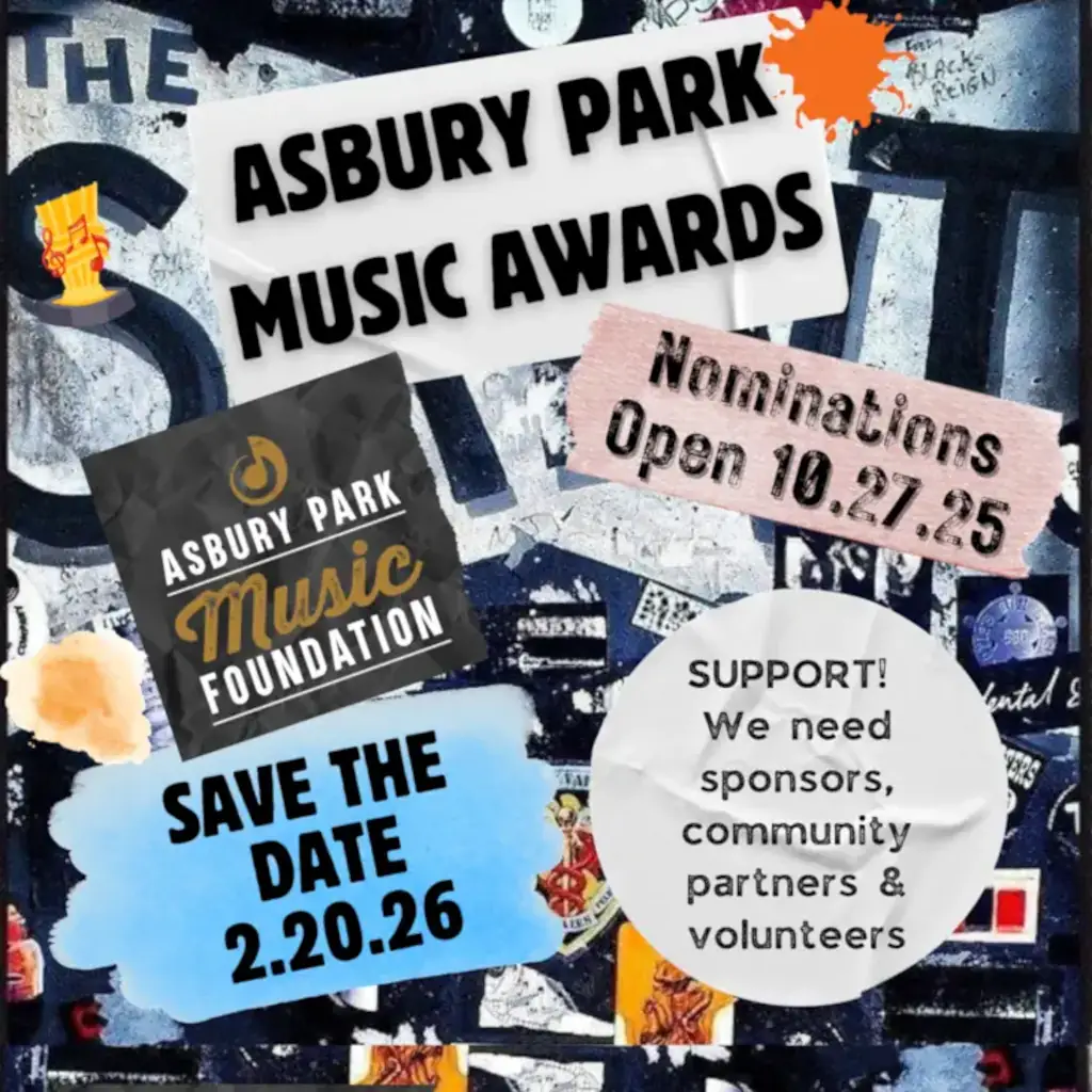 Asbury Park Music Awards promotional banner featuring event date 2.20.26, nomination opening date 10.27.25, and call for sponsors and volunteers.