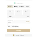 Givebutter donation form for Asbury Park Music Foundation with amount selection, frequency options, and fund allocation interface.
