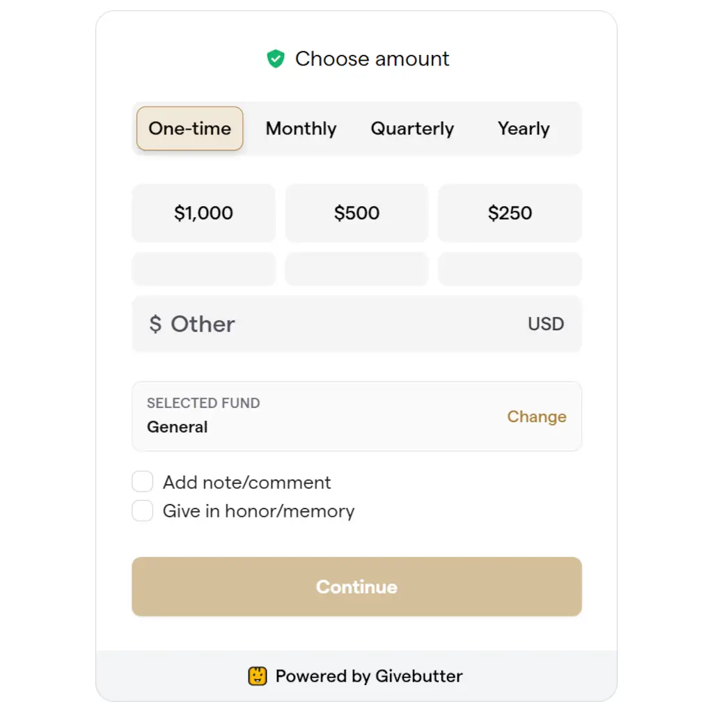Givebutter donation form for Asbury Park Music Foundation with amount selection, frequency options, and fund allocation interface.