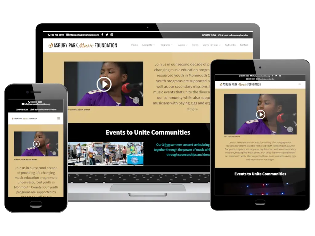 Asbury Park Music Foundation website displayed across mobile, tablet, and desktop responsive layouts showcasing music education programs.