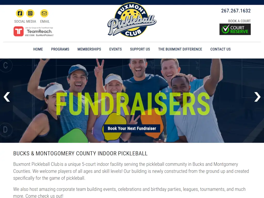 Buxmont Pickleball Club homepage hero banner slider, welcoming players of every skill level to the indoor pickleball facility.