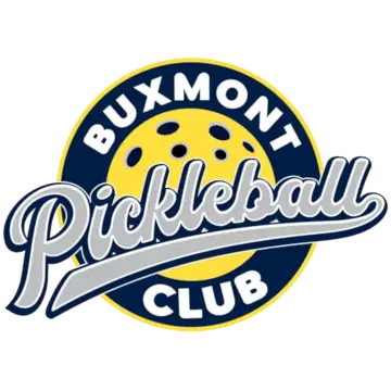 Logo of Buxmont Pickleball Club: bold white text on a blue and yellow background with a pickleball design, conveying a sporty and energetic tone.
