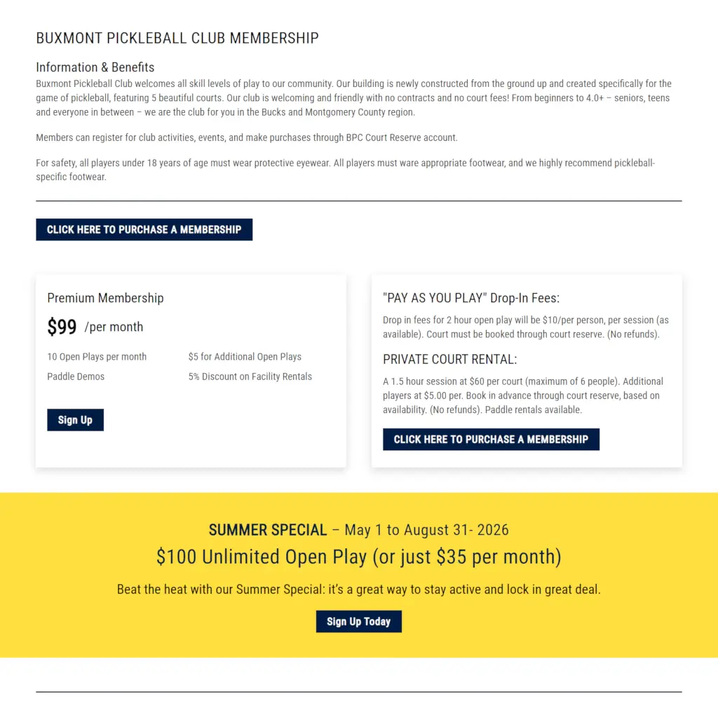 Buxmont Pickleball Club membership information and pricing page, styled with the club's blue and yellow brand colors from their logo.