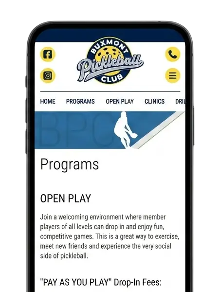 Smartphone displaying the Buxmont Pickleball Club programs page, showing the site's mobile-friendly responsive design.