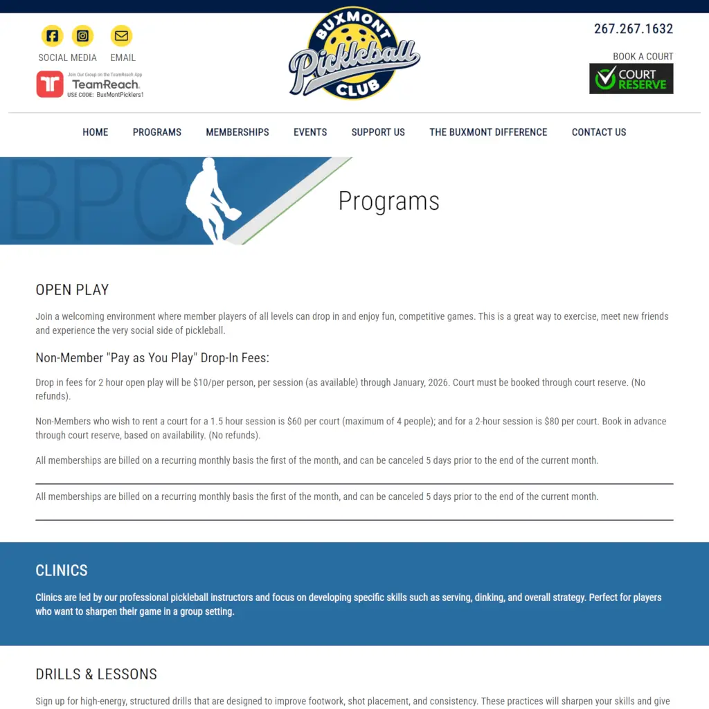Buxmont Pickleball Club webpage featuring Open Play details, pricing, and membership information. Top navigation bar includes links to home, programs, memberships, events, support options, and contact. Highlighted sections on clinics and drills emphasize skill development.