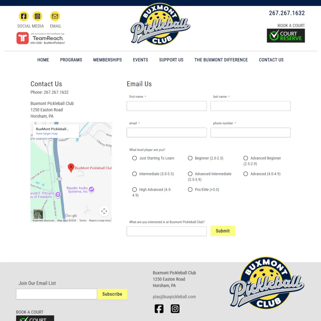 Website contact page for Buxmont Pickleball Club. Includes a contact form, a map with the club's location, and skill level options for players.