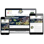 Website showing the Buxmont Pickleball Club on phone, tablet, and laptop. Bright, inviting design features dynamic pickleball action images.