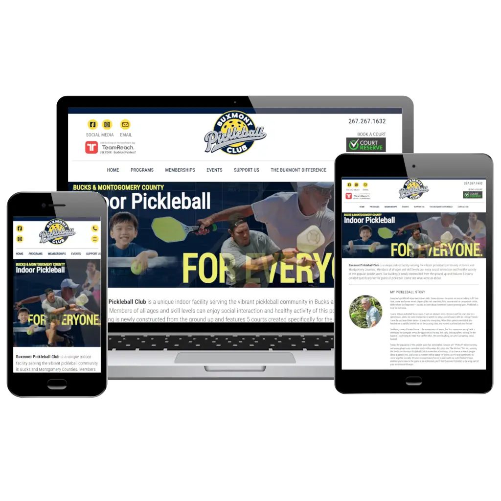 Website showing the Buxmont Pickleball Club on phone, tablet, and laptop. Bright, inviting design features dynamic pickleball action images.