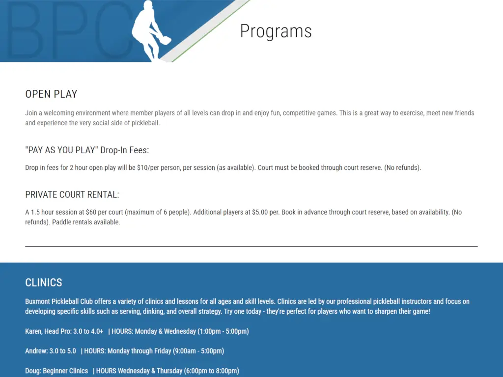 Introduction section of the Buxmont Pickleball Club programs page, outlining open play, clinics, and drills.