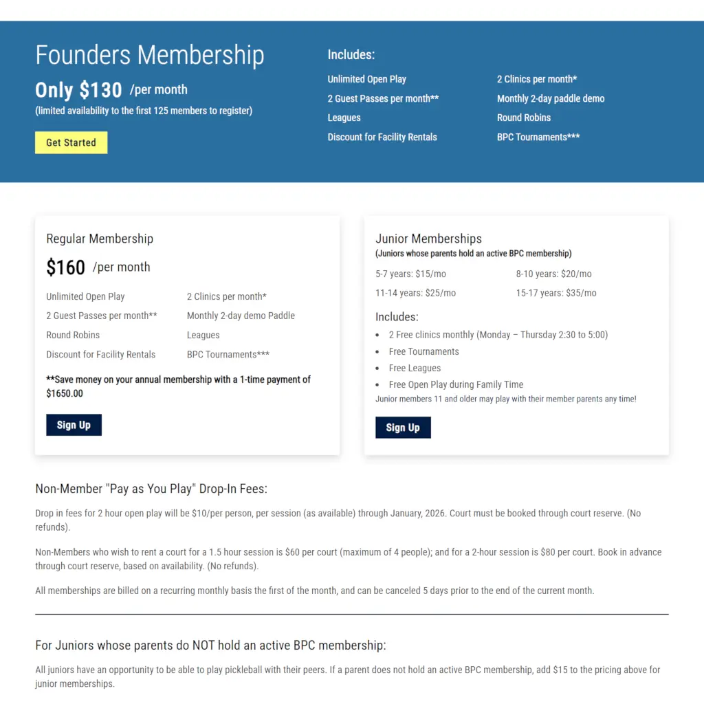 Website screenshot of Buxmont Pickleball Club's membership page, showing Founders, Regular, and Junior membership tiers with play, clinics, and tournaments included.