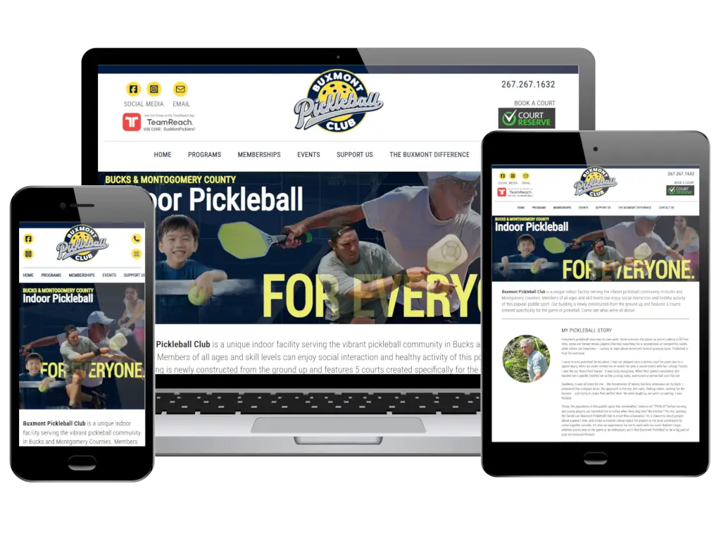 www.buxpickleball.com website photo collage showcasing responsive web design on laptop, tablet, and mobile devices.