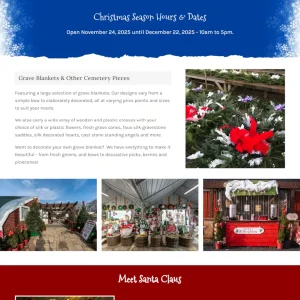 Countryview Farm Nursery Christmas Season Hours & Dates webpage section displaying November 24 to December 22, 2025 hours with grave blankets and cemetery decorations.