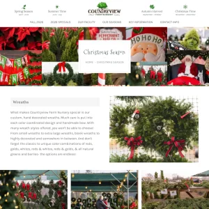 Countryview Farm Nursery Christmas Season webpage featuring festive wreaths, decorations, and seasonal product gallery.