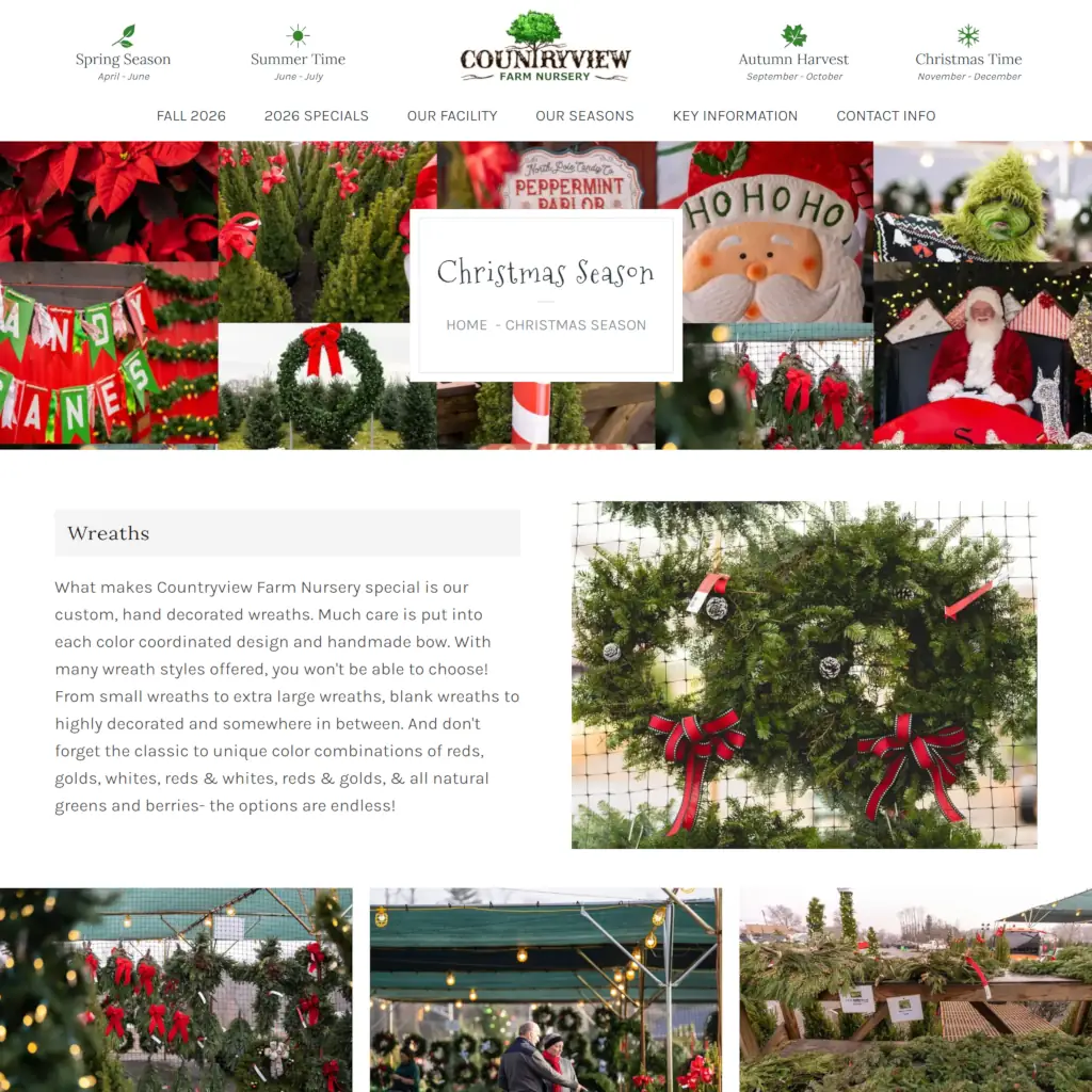 Countryview Farm Nursery Christmas Season webpage featuring festive wreaths, decorations, and seasonal product gallery.