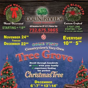 Countryview Farm Nursery Christmas 2025 promotional flyer advertising custom wreaths, grave blankets, and tree grove selection events.