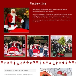 Countryview Farm Nursery: Meet Santa Claus webpage section with festive red background featuring Santa photos and event details