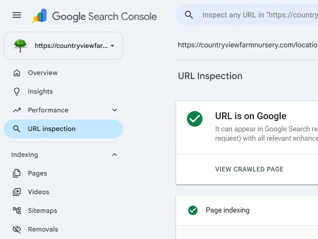 Google Search Console URL Inspection dashboard showing indexing status and crawl data for Countryview Farm Nursery website.