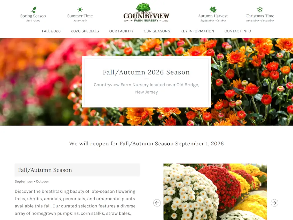 Countryview Farm Nursery landing page featuring Fall/Autumn 2026 season announcement with colorful mum flowers and seasonal navigation menu.