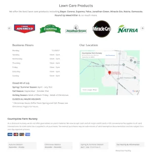 Countryview Farm Nursery website homepage displaying lawn care products section with brand logos, business hours, location map, and seasonal information.