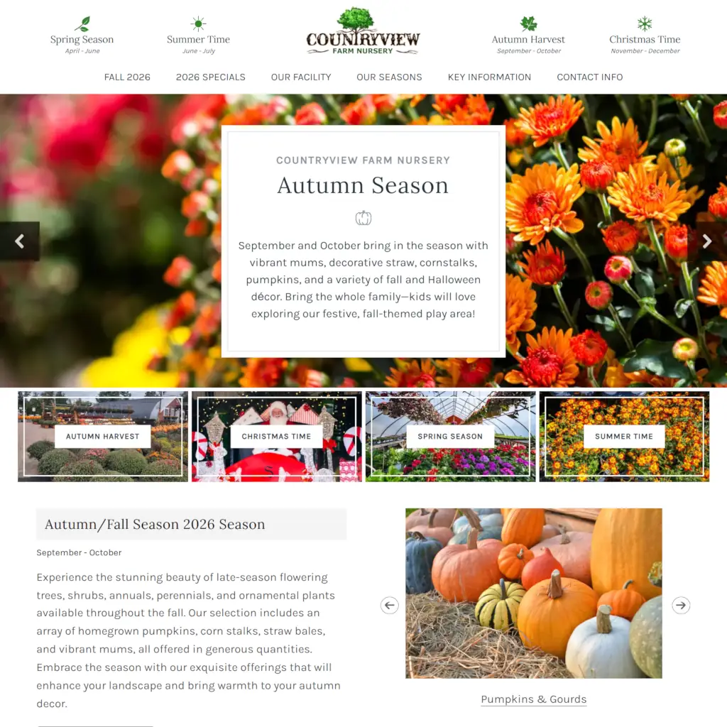 Countryview Farm Nursery website homepage featuring seasonal navigation, autumn flower hero image, and product category cards.
