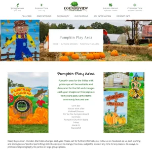 Countryview Farm Nursery pumpkin play area webpage featuring seasonal activities, photo opportunities, and fall attractions.