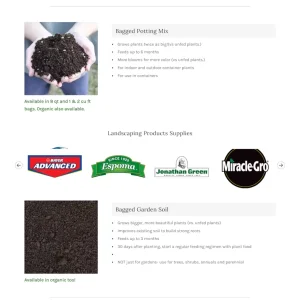 Countryview Farm Nursery: Landscaping products supplies webpage displaying bagged potting mix and garden soil with brand logos and product details.