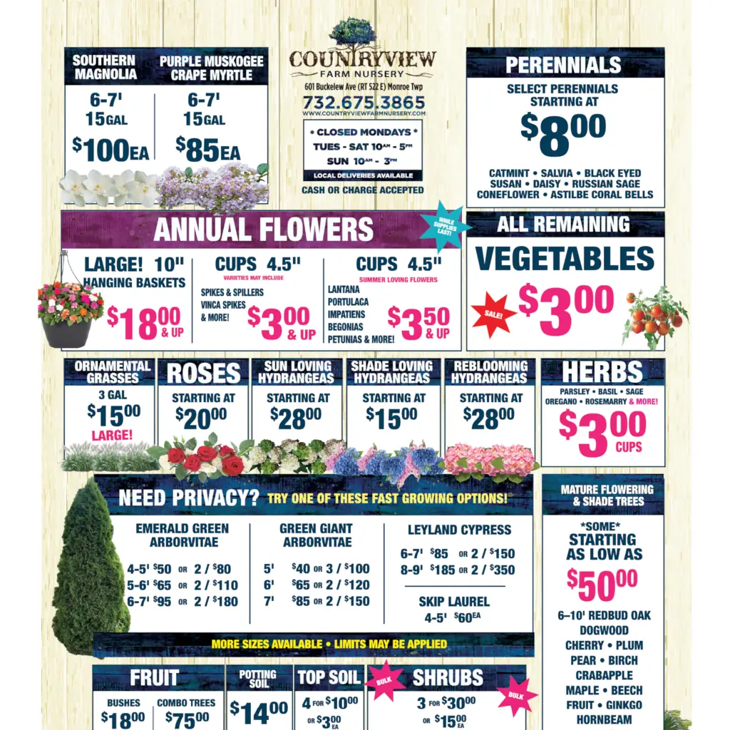 Countryview Farm Nursery spring-summer 2025 sales flyer featuring perennials, annuals, vegetables, trees, and shrubs with pricing and product details.