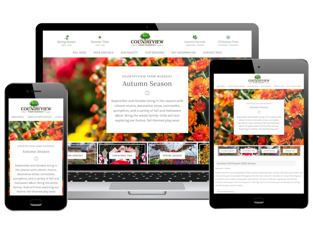 Countryview Farm Nursery website responsive design across mobile, tablet, and desktop displaying autumn season content.