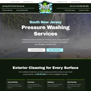 Elite Bin Cleaning LLC website homepage hero section featuring pressure washing services offer for South New Jersey with call-to-action buttons.