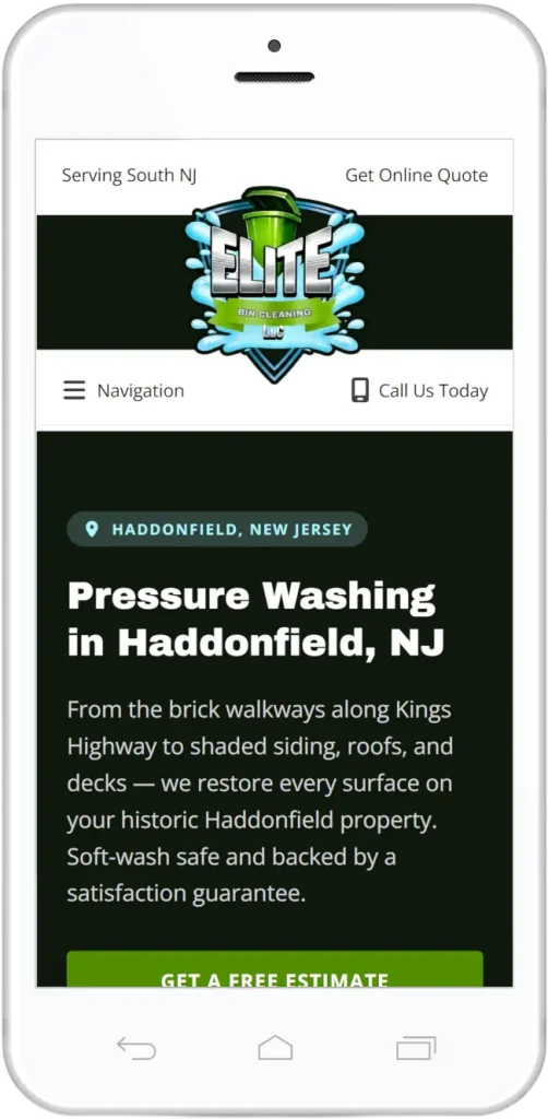 Mobile location page for Elite Bin Cleaning featuring Haddonfield, NJ service area with pressure washing details and call-to-action.