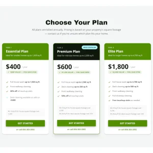 Pricing table with three tiers for Elite Bin Cleaning services, showing Essential, Premium, and Elite plans with annual costs and features.