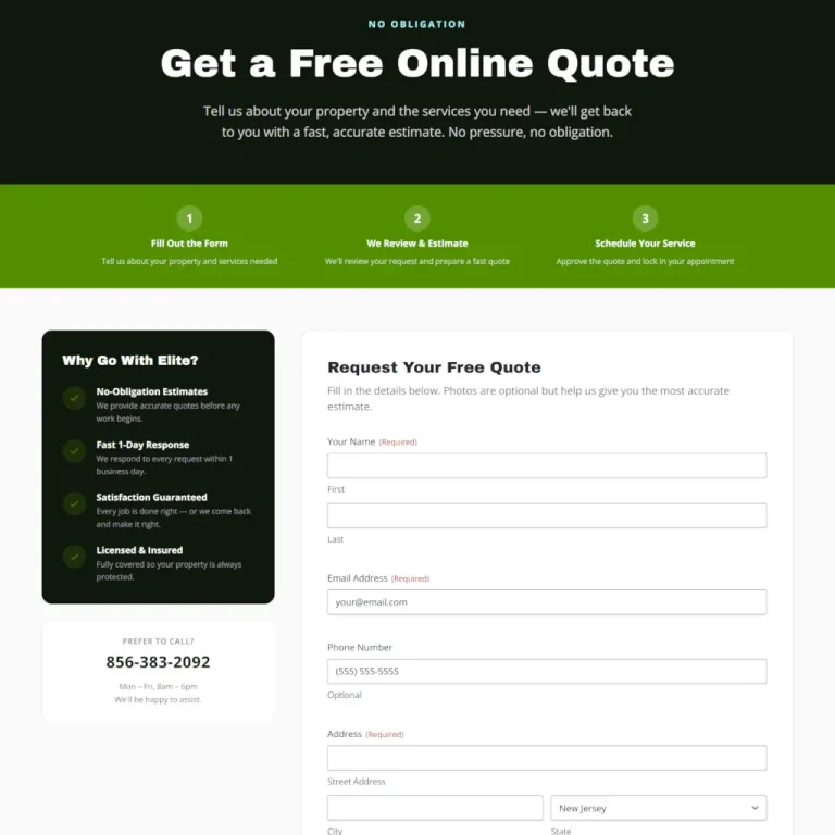 Elite Bin Cleaning quote request form UI with multi-step process, service benefits, and contact input fields.