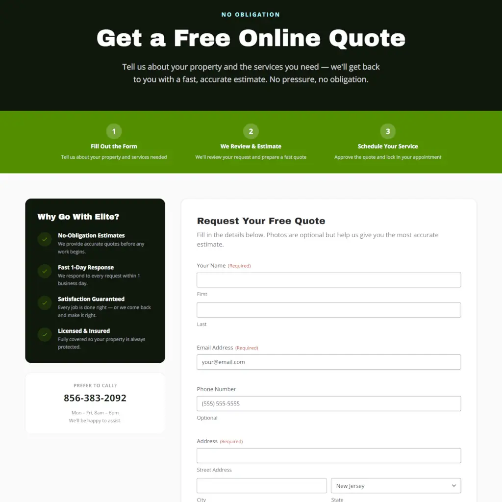 Elite Bin Cleaning quote request form UI with multi-step process, service benefits, and contact input fields.
