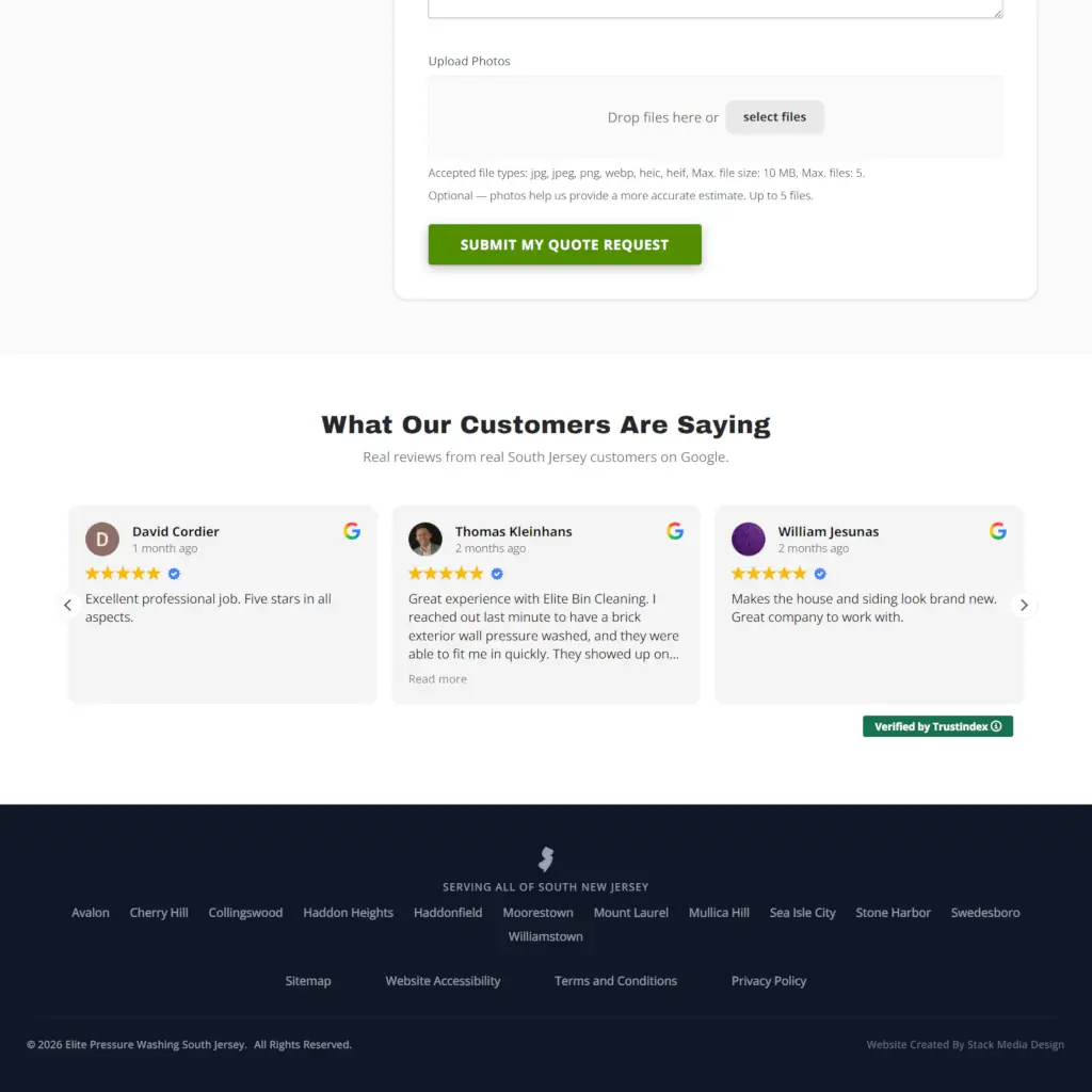 Elite Bin Cleaning quote request form with customer reviews section and footer navigation for South Jersey service areas.