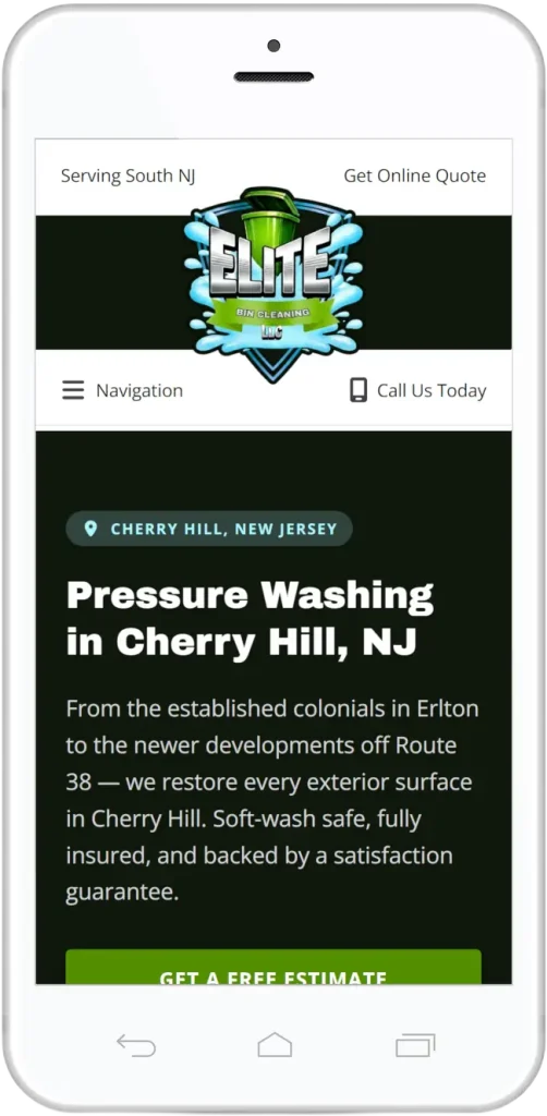 Elite Bin Cleaning mobile website header with logo, navigation menu, and pressure washing service offer for Cherry Hill, NJ.